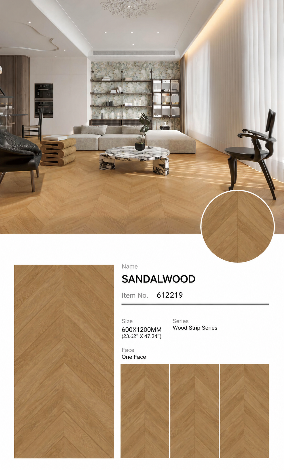 Wood Look Porcelain Floor Tile Chevron Plank 600x1200mm - Living Room Hallway Open Plan - Item No. 612219