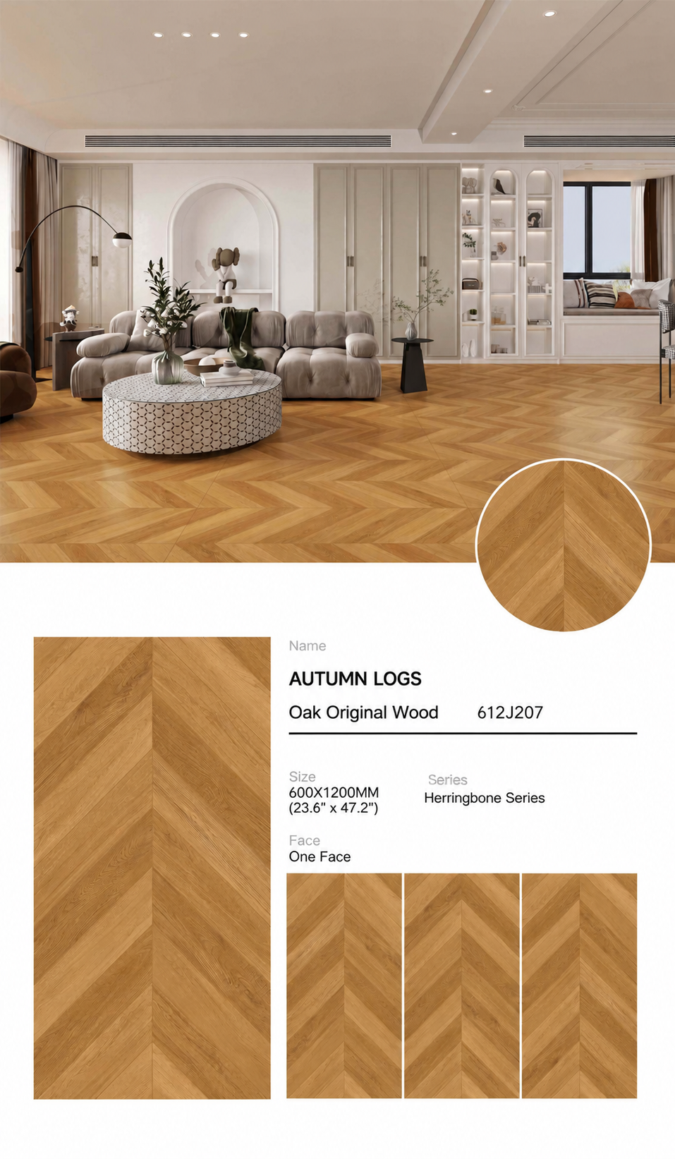 Wood Look Porcelain Floor Tile Chevron Plank 600x1200mm - Living Room Hallway Open Plan - Item No. 612J207