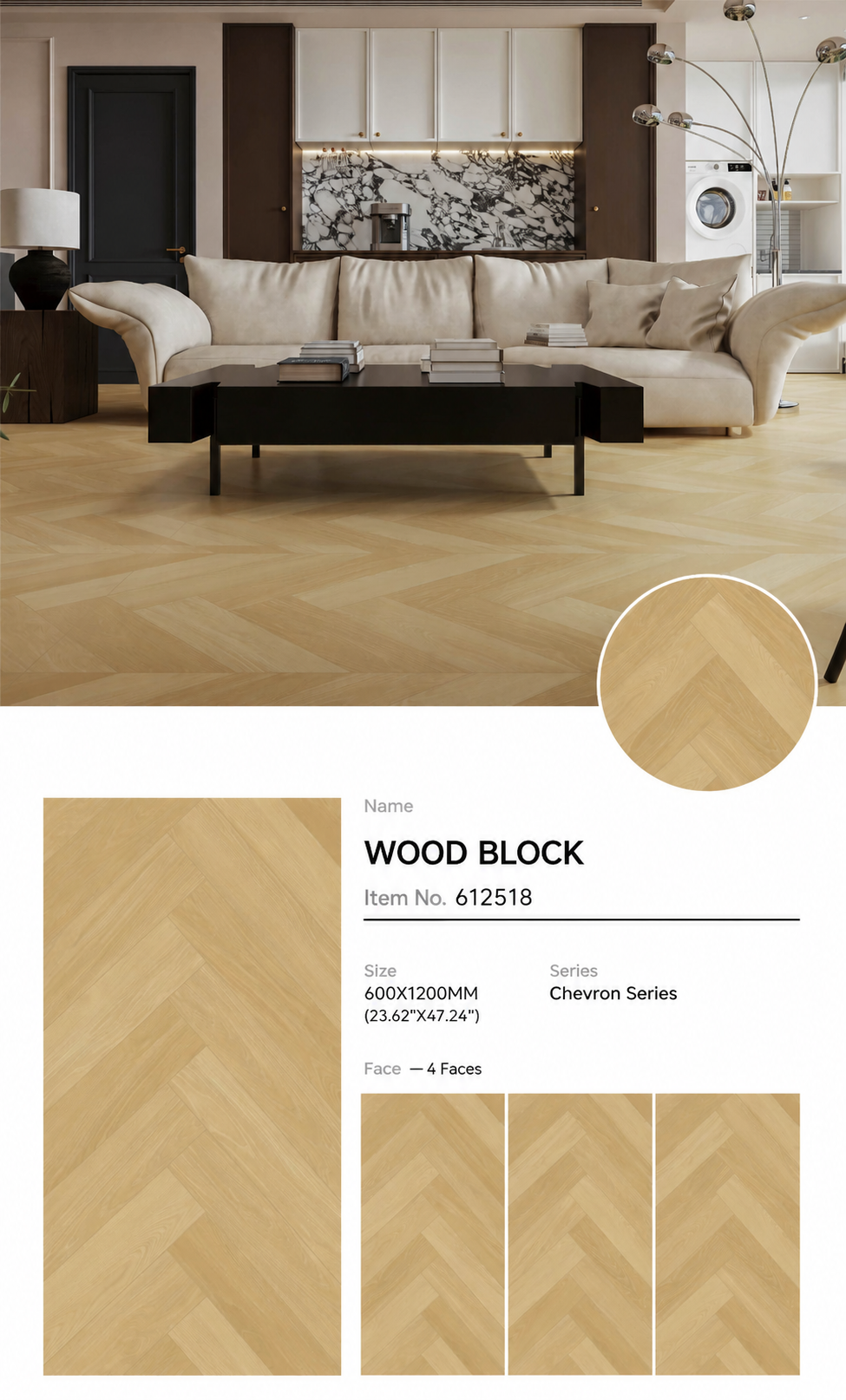 Wood Look Porcelain Floor Tile Herringbone Plank 600x1200mm - Living Room Hallway Open Plan - Item No. 612518