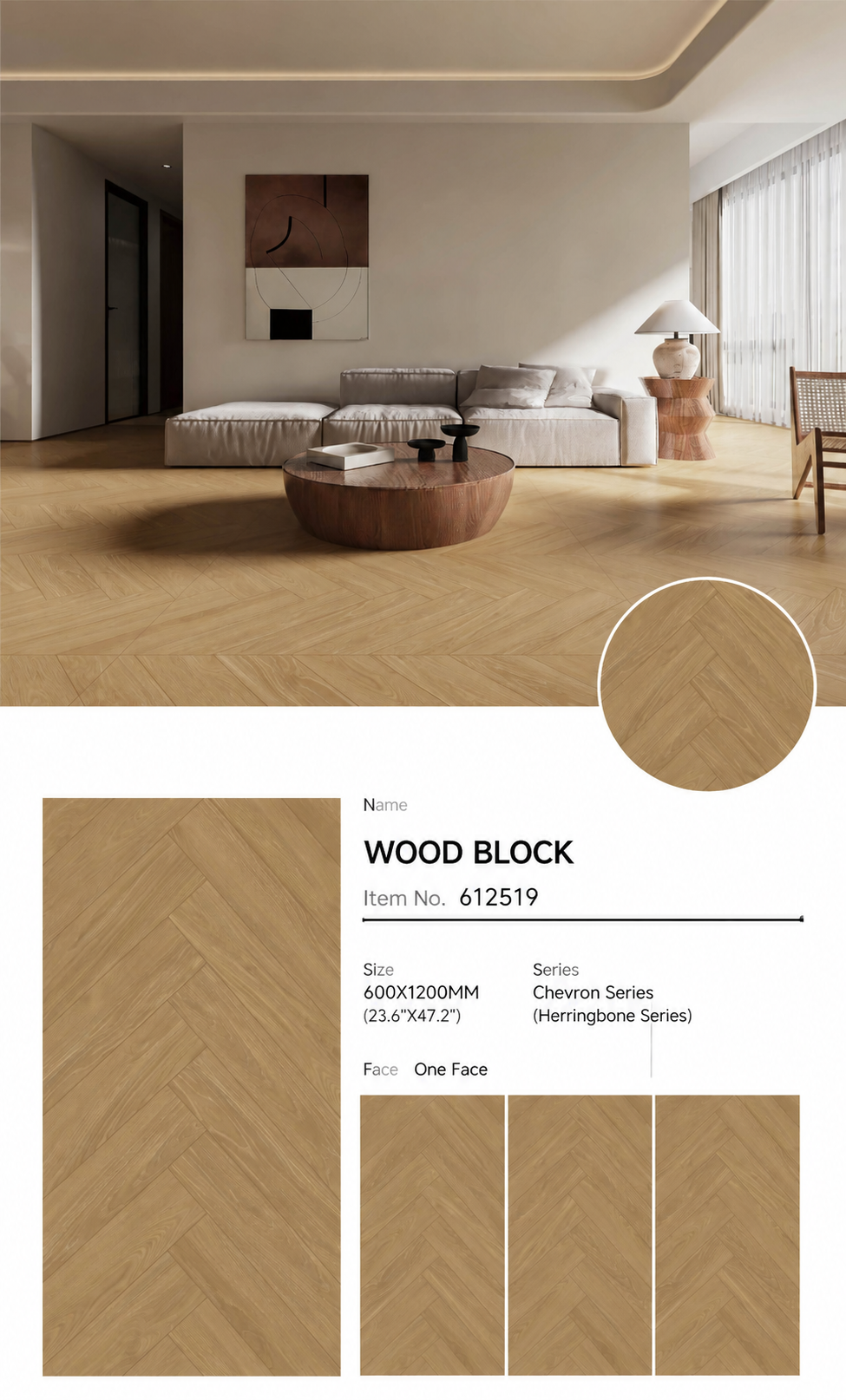 Wood Look Porcelain Floor Tile Herringbone Plank 600x1200mm - Living Room Hallway Open Plan - Item No. 612519