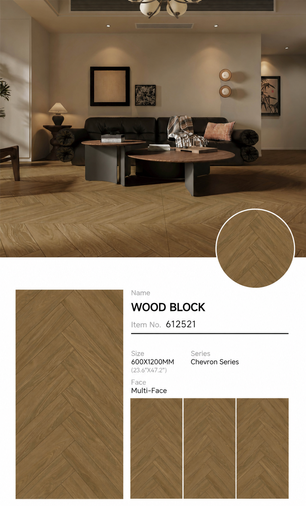 Wood Look Porcelain Floor Tile Herringbone Plank 600x1200mm - Living Room Hallway Open Plan - Item No. 612521