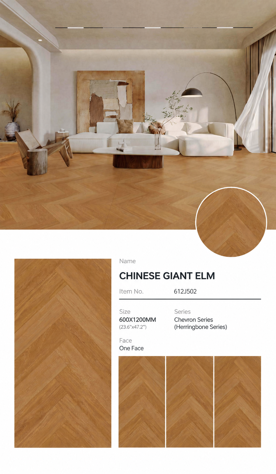 Wood Look Porcelain Floor Tile Herringbone Plank 600x1200mm - Living Room Hallway Open Plan - Item No. 612J502