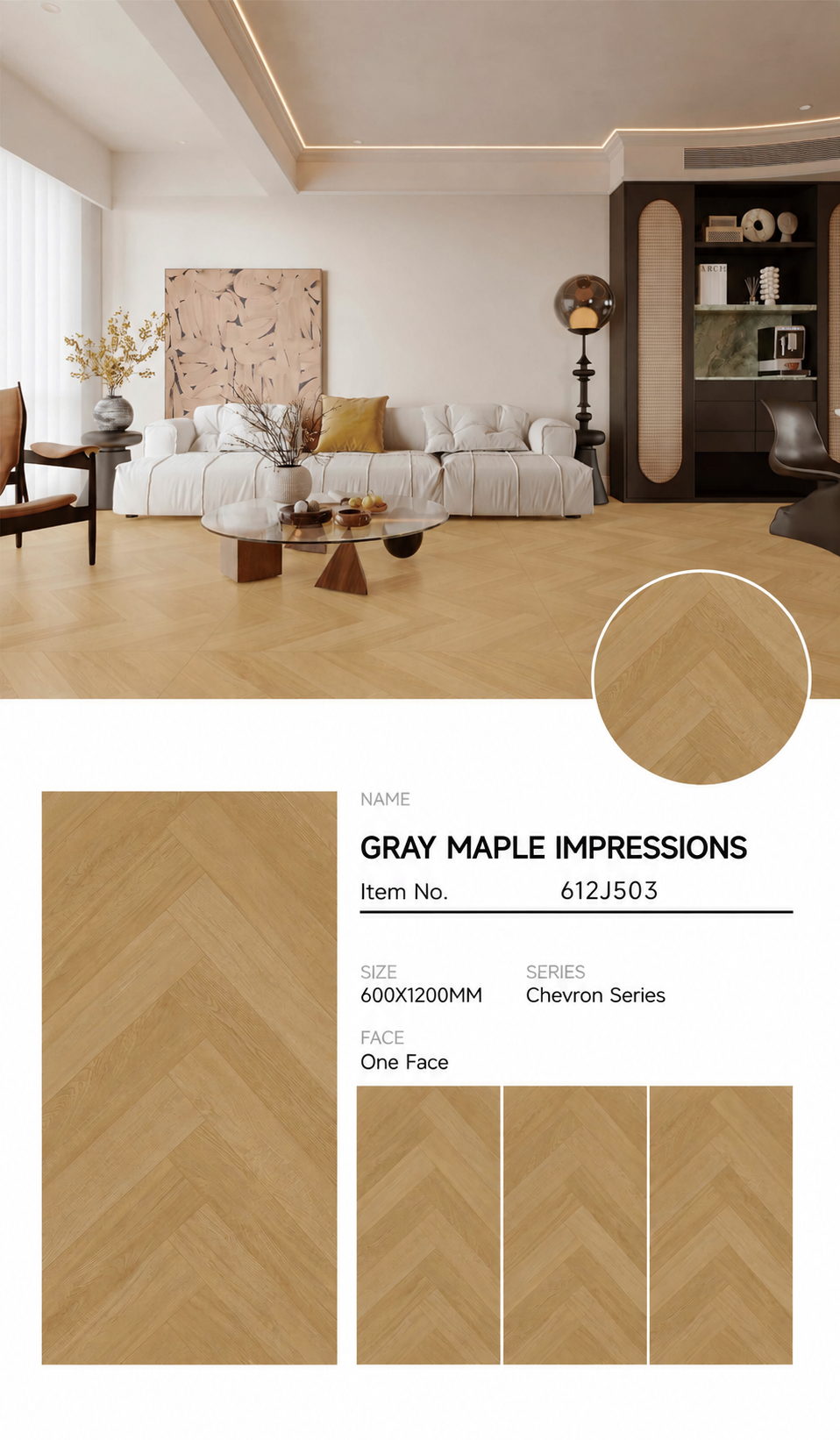 Wood Look Porcelain Floor Tile Herringbone Plank 600x1200mm - Living Room Hallway Open Plan - Item No. 612J503