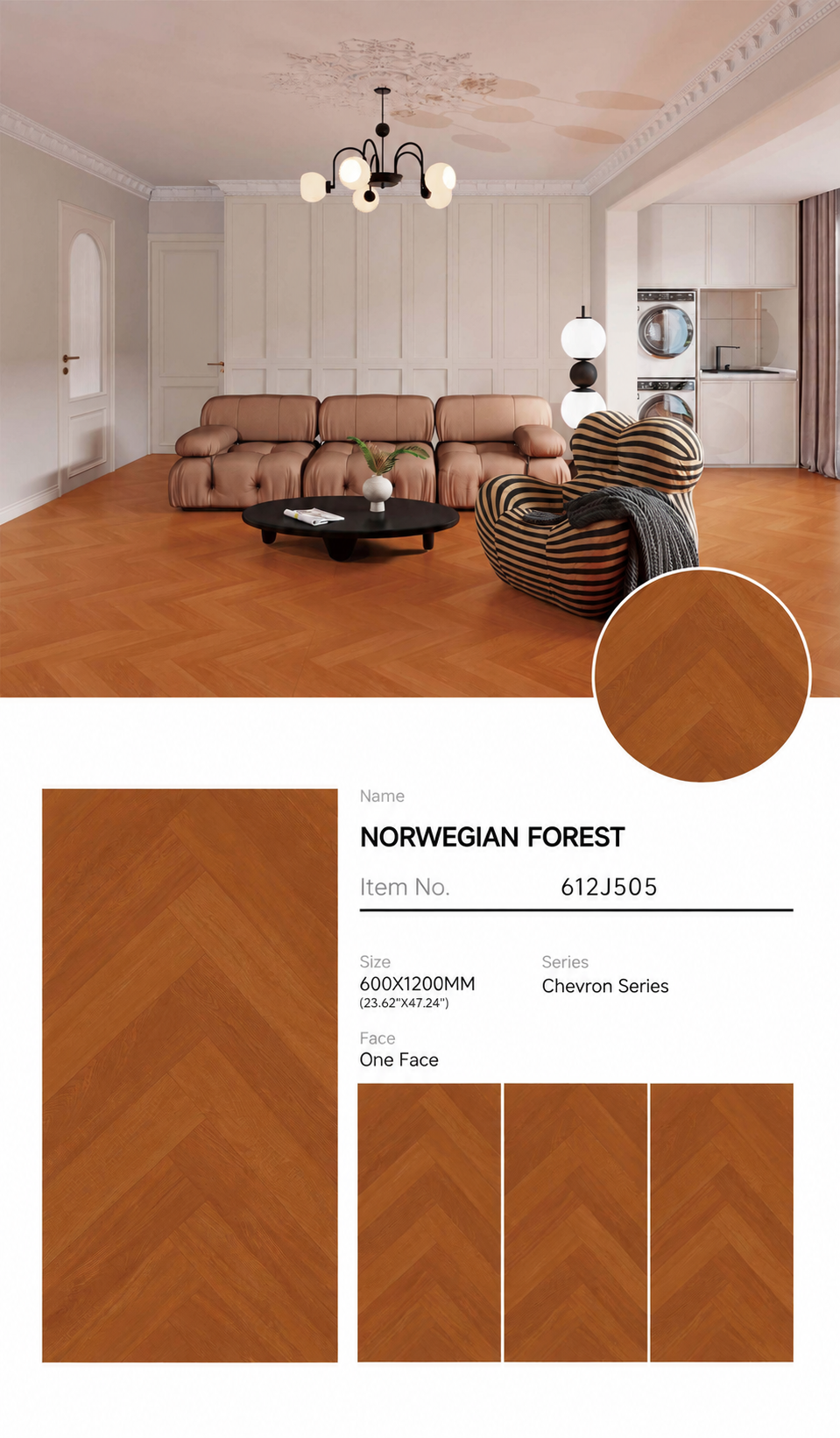 Wood Look Porcelain Floor Tile Herringbone Plank 600x1200mm - Living Room Hallway Open Plan - Item No. 612J505