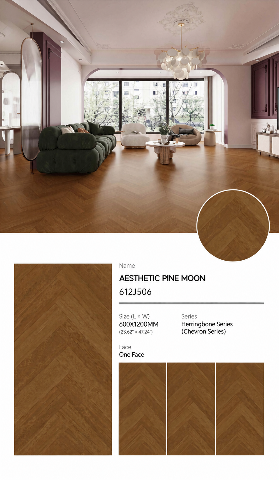 Wood Look Porcelain Floor Tile Herringbone Plank 600x1200mm - Living Room Hallway Open Plan - Item No. 612J506