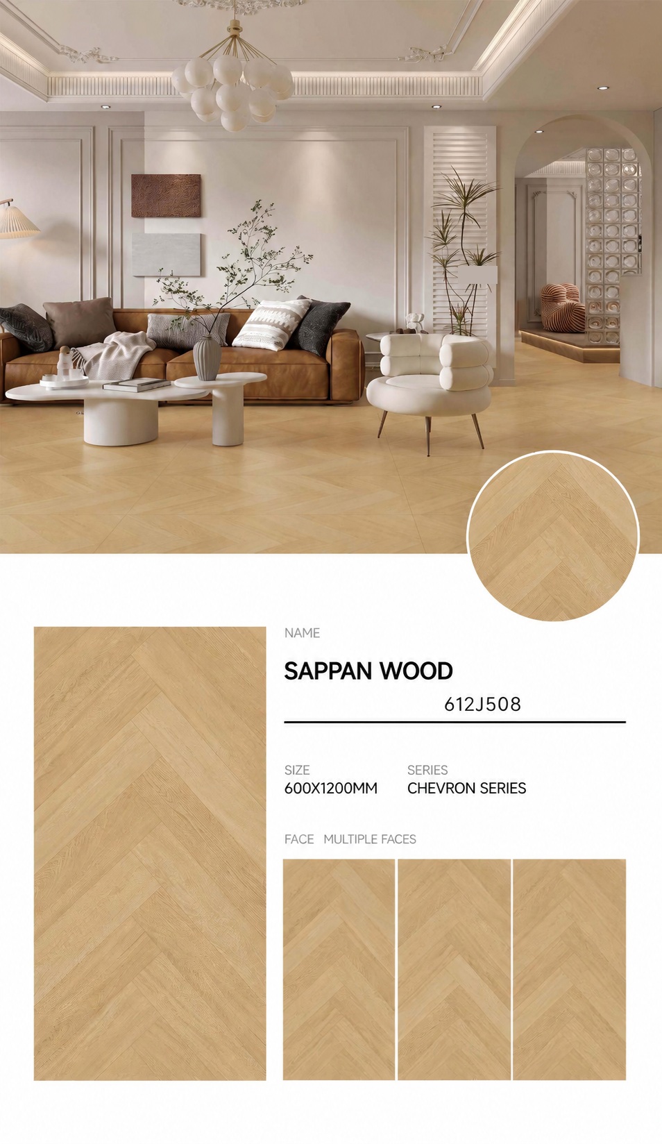 Wood Look Porcelain Floor Tile Herringbone Plank 600x1200mm - Living Room Hallway Open Plan - Item No. 612J508