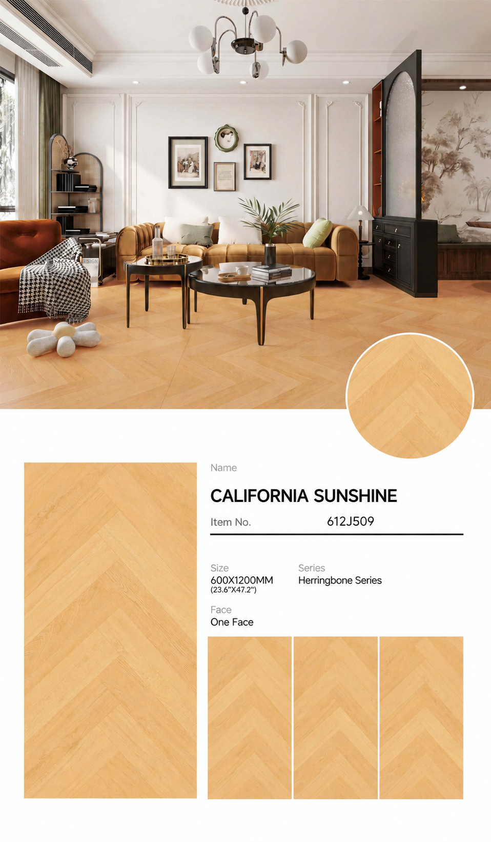 Wood Look Porcelain Floor Tile Herringbone Plank 600x1200mm - Living Room Hallway Open Plan - Item No. 612J509