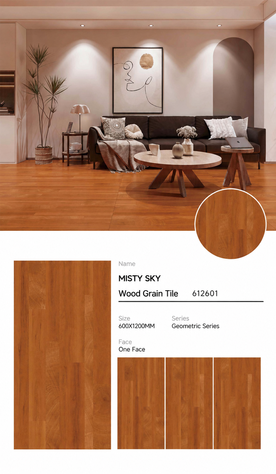 Wood Look Porcelain Floor Tile Geometric Plank 600x1200mm - Living Room Hallway Open Plan - Item No. 612601