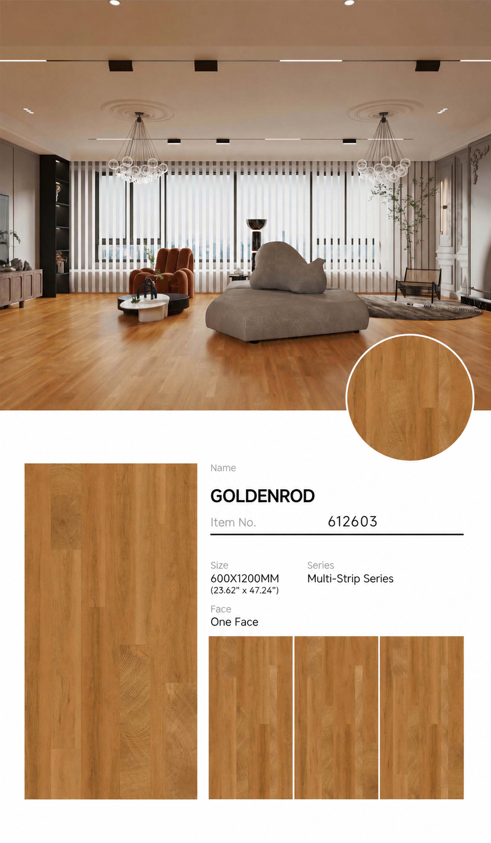 Wood Look Porcelain Floor Tile Geometric Plank 600x1200mm - Living Room Hallway Open Plan - Item No. 612603