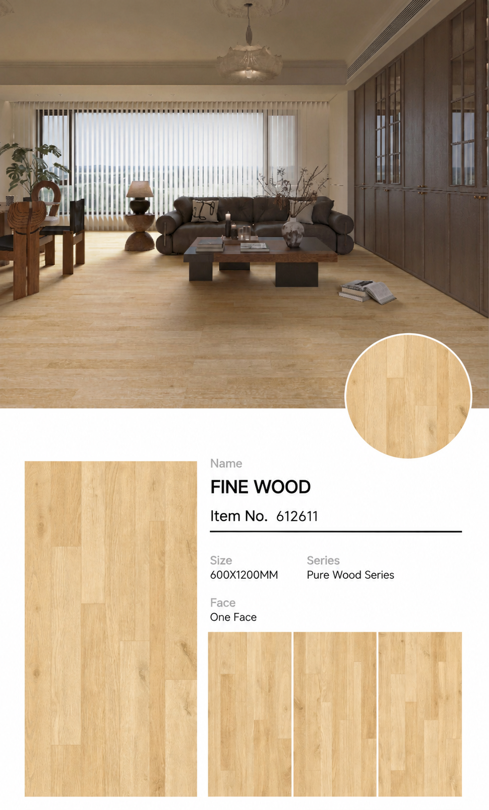 Wood Look Porcelain Floor Tile Geometric Plank 600x1200mm - Living Room Hallway Open Plan - Item No. 612611