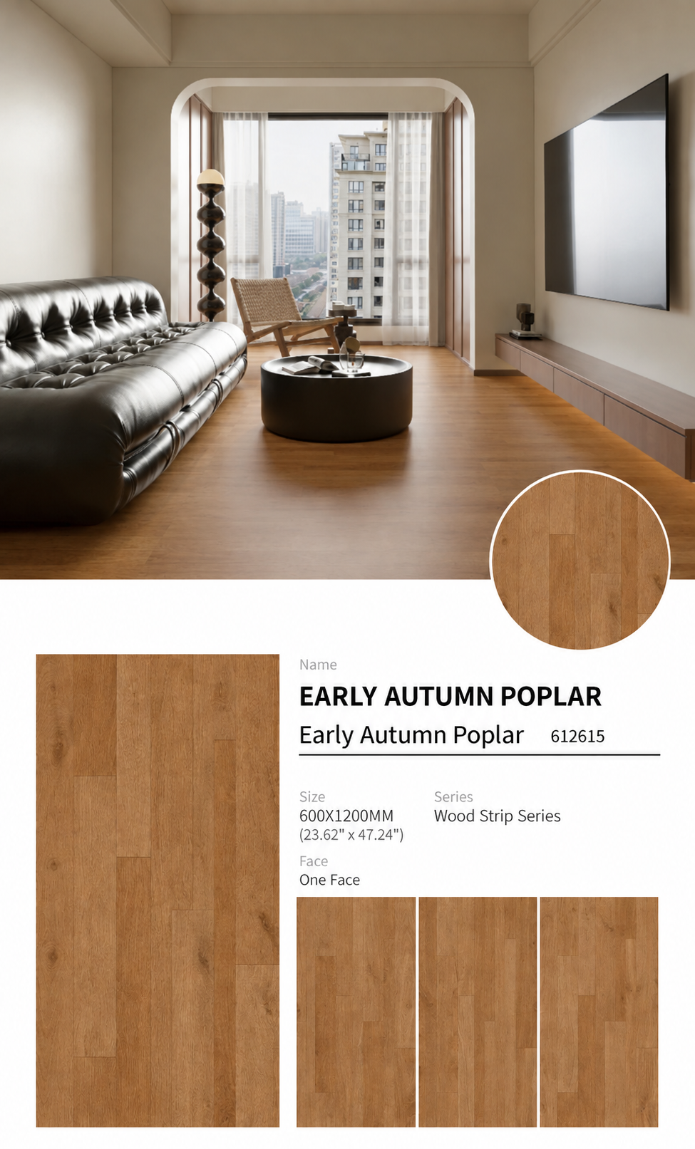 Wood Look Porcelain Floor Tile Geometric Plank 600x1200mm - Living Room Hallway Open Plan - Item No. 612615