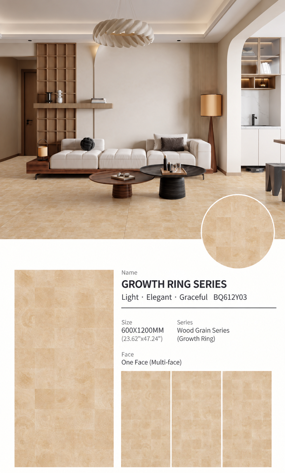 Wood Look Porcelain Floor Tile Tree Ring Plank 600x1200mm - Living Room Hallway Open Plan - Item No. BQ612Y03