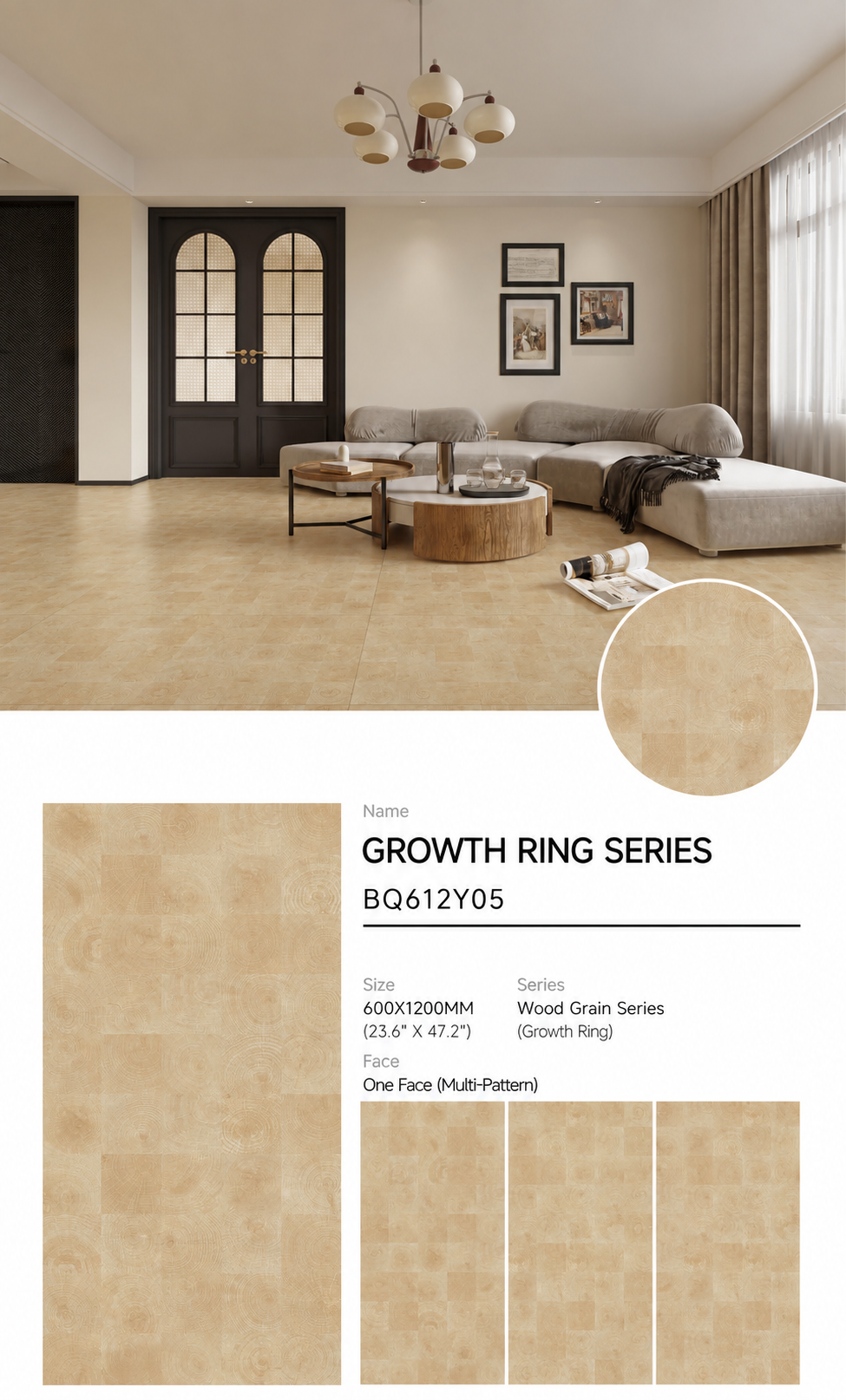 Wood Look Porcelain Floor Tile Tree Ring Plank 600x1200mm - Living Room Hallway Open Plan - Item No. BQ612Y05
