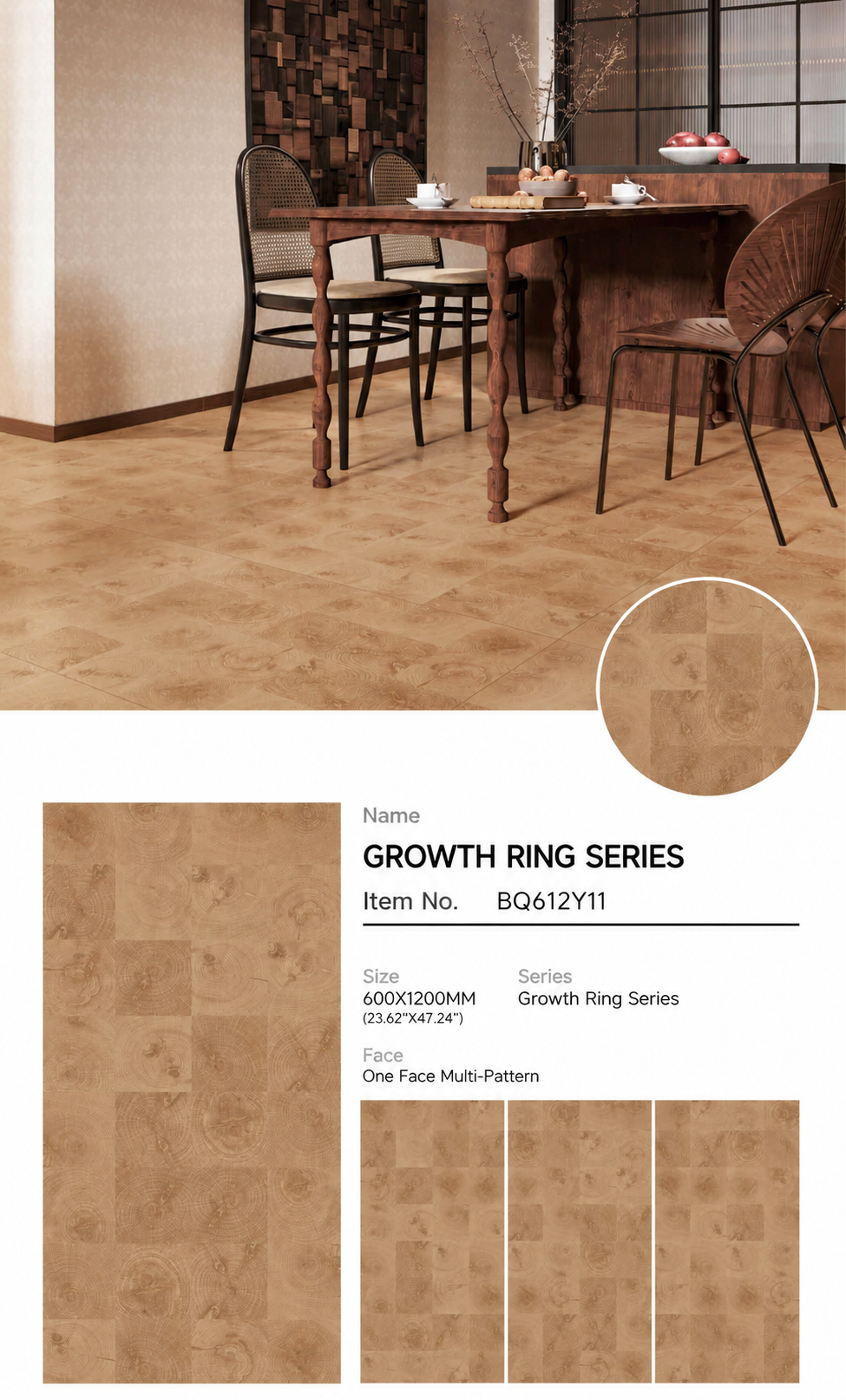 Wood Look Porcelain Floor Tile Tree Ring Plank 600x1200mm - Living Room Hallway Open Plan - Item No. BQ612Y11