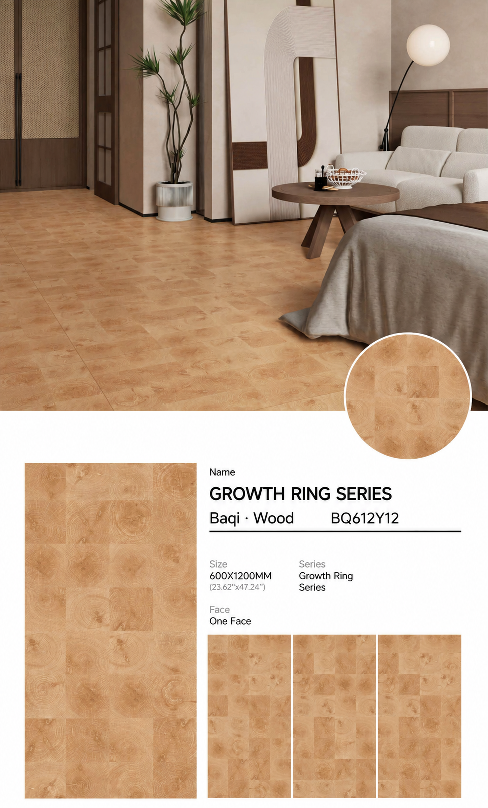 Wood Look Porcelain Floor Tile Tree Ring Plank 600x1200mm - Living Room Hallway Open Plan - Item No. BQ612Y12