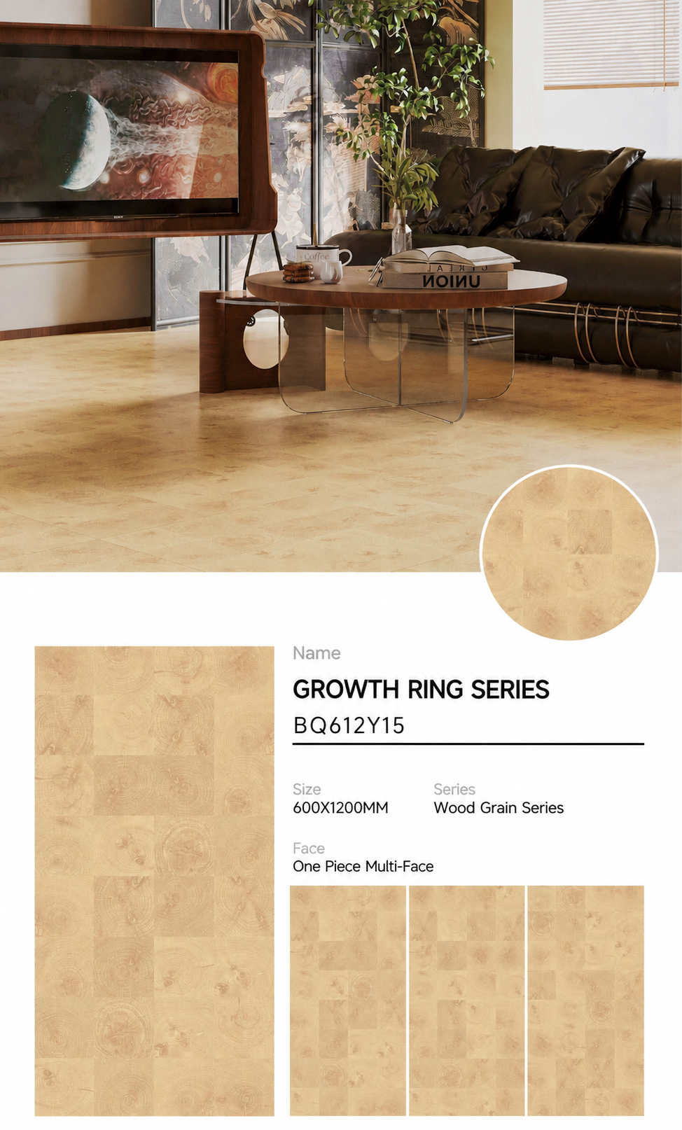 Wood Look Porcelain Floor Tile Tree Ring Plank 600x1200mm - Living Room Hallway Open Plan - Item No. BQ612Y15