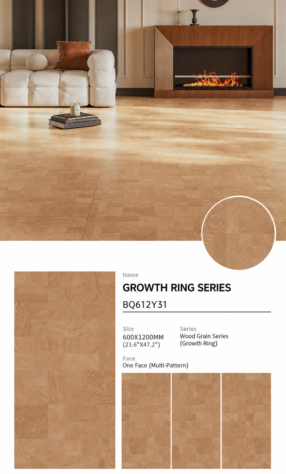 Wood Look Porcelain Floor Tile Tree Ring Plank 600x1200mm - Living Room Hallway Open Plan - Item No. BQ612Y31