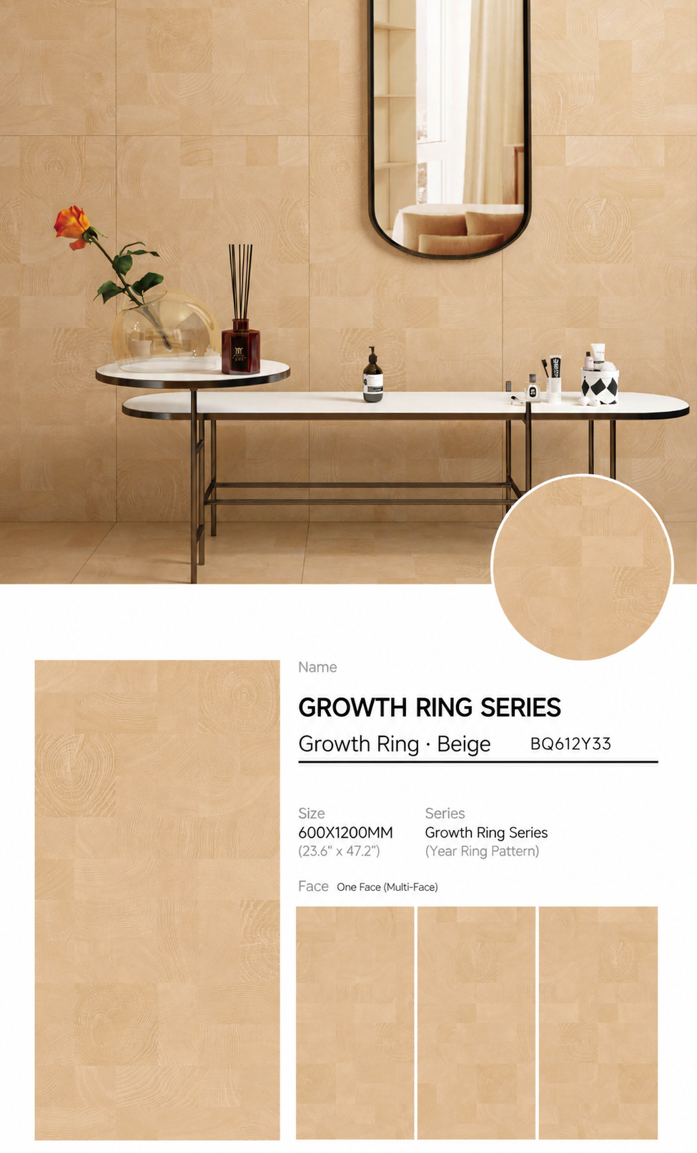 Wood Look Porcelain Floor Tile Tree Ring Plank 600x1200mm - Living Room Hallway Open Plan - Item No. BQ612Y33