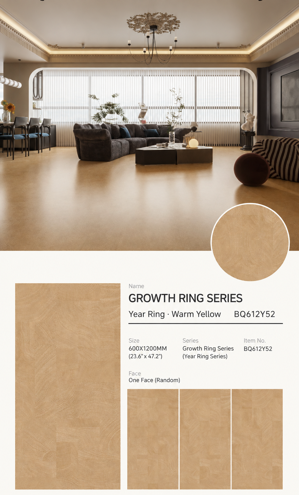Wood Look Porcelain Floor Tile Tree Ring Plank 600x1200mm - Living Room Hallway Open Plan - Item No. BQ612Y52