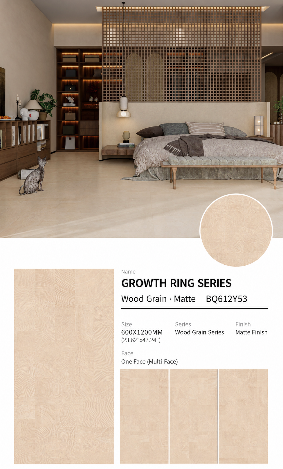 Wood Look Porcelain Floor Tile Tree Ring Plank 600x1200mm - Living Room Hallway Open Plan - Item No. BQ612Y53