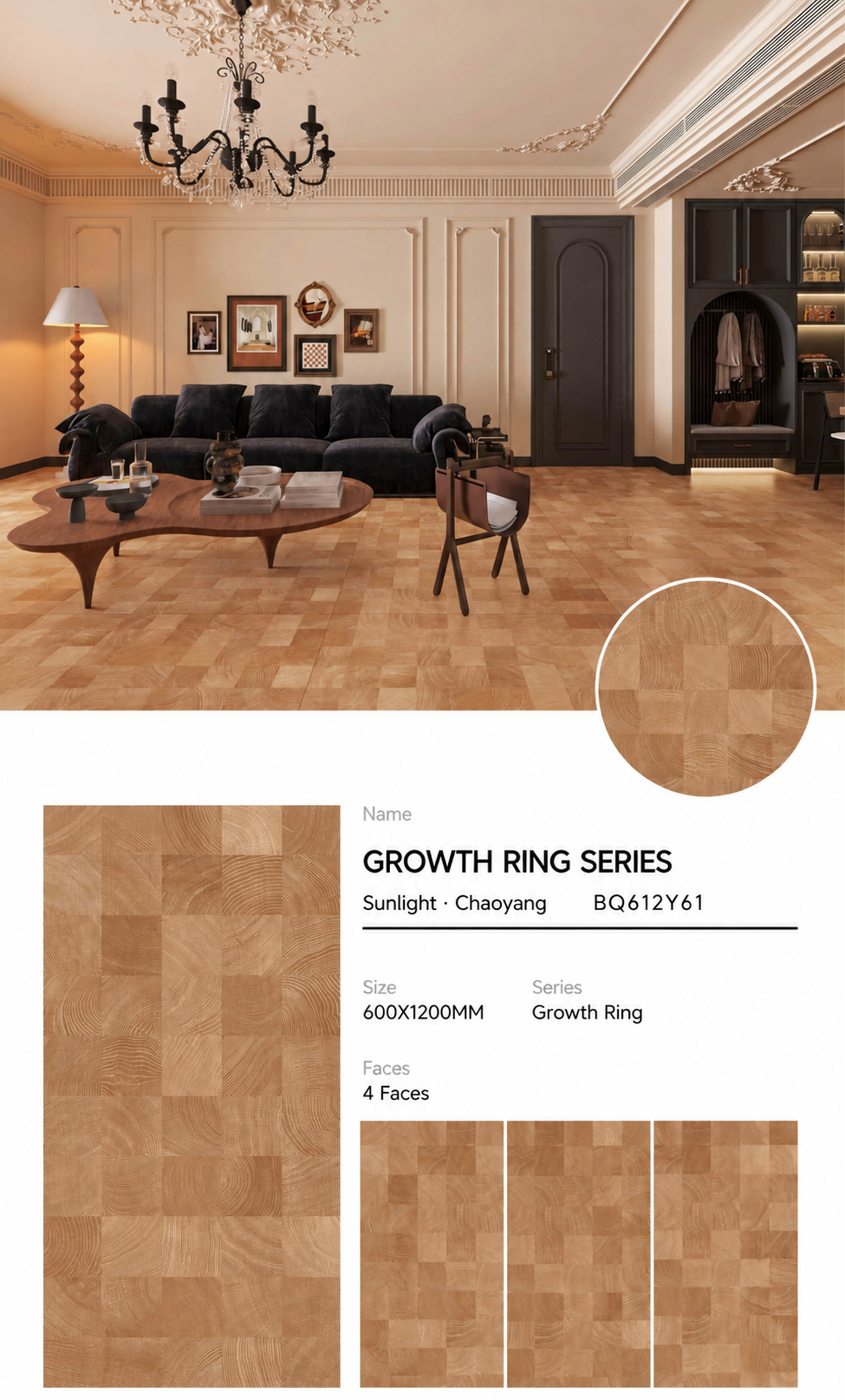 Wood Look Porcelain Floor Tile Tree Ring Plank 600x1200mm - Living Room Hallway Open Plan - Item No. BQ612Y61