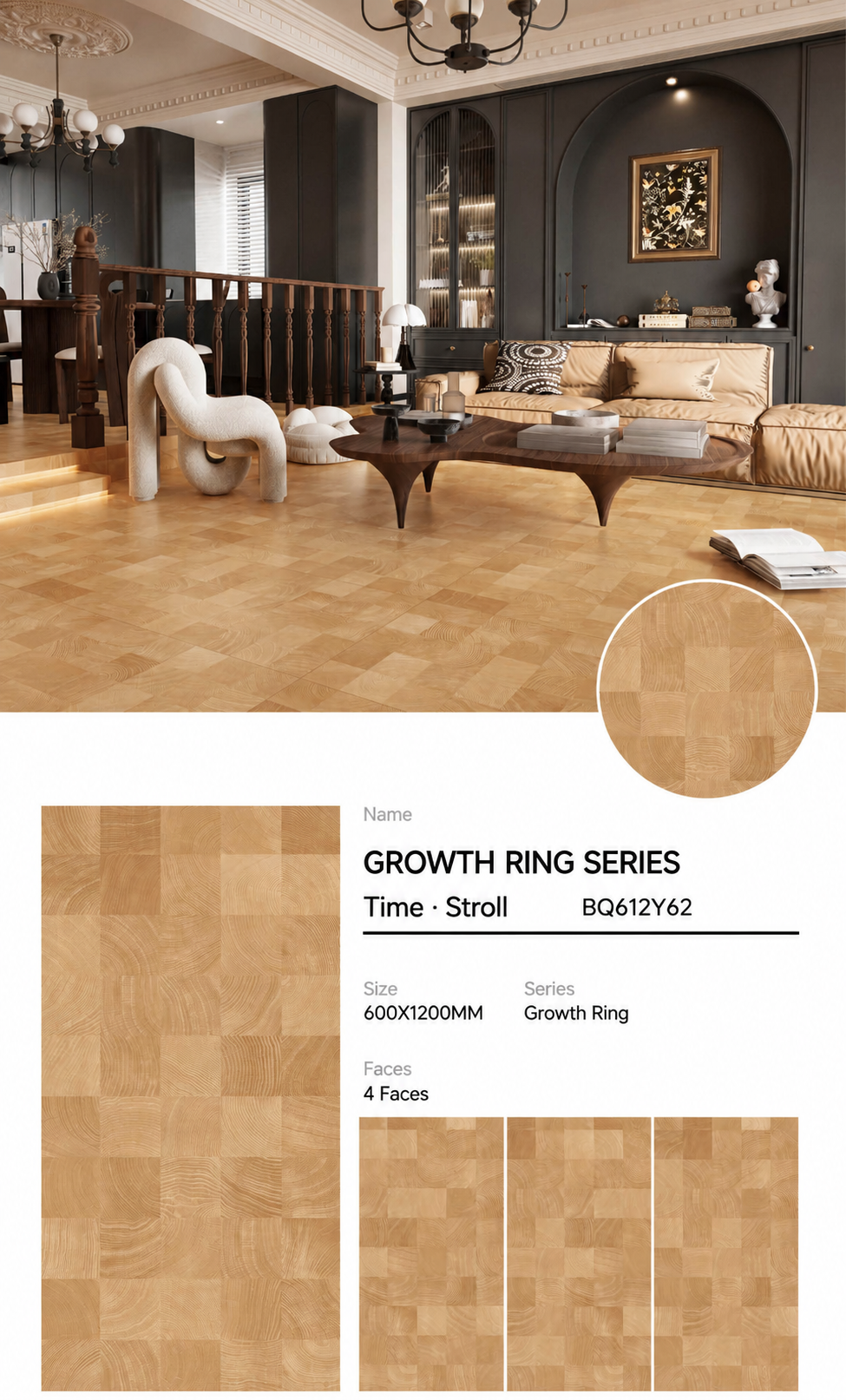 Wood Look Porcelain Floor Tile Tree Ring Plank 600x1200mm - Living Room Hallway Open Plan - Item No. BQ612Y62