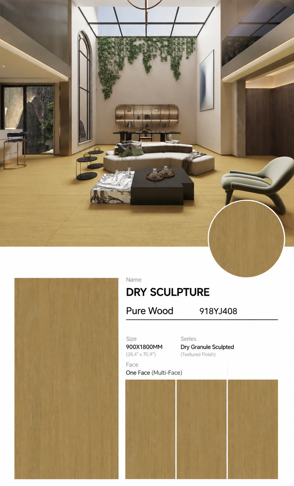Wood Look Porcelain Floor Tile Fine Grain Plank 900x1800mm - Living Room Hallway Open Plan - Item No. 918YJ408