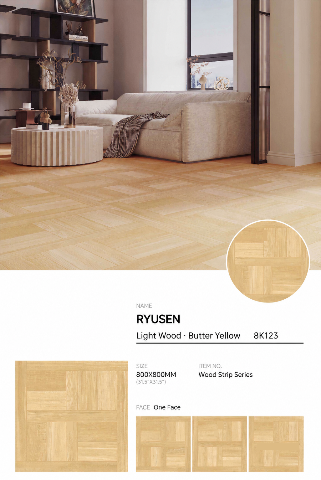 Wood Look Porcelain Floor Tile Geometric Weave Plank 800x800mm - Living Room Hallway Open Plan - Item No. 8K123