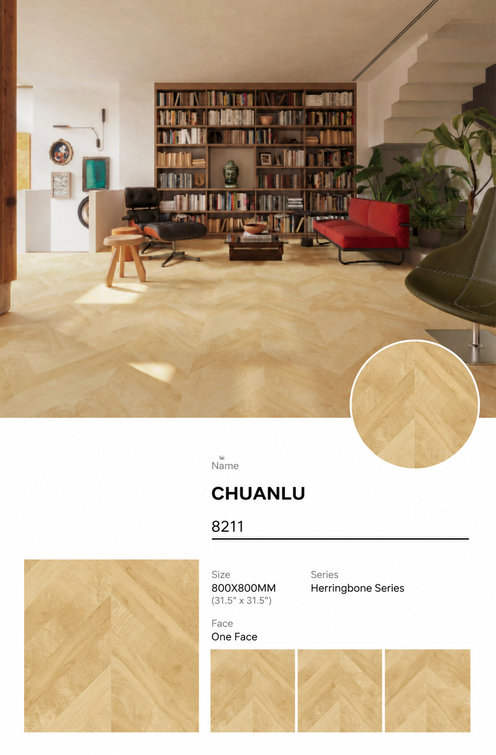 Wood Look Porcelain Floor Tile Chevron Plank 800x800mm - Living Room Hallway Open Plan - Item No. 8211