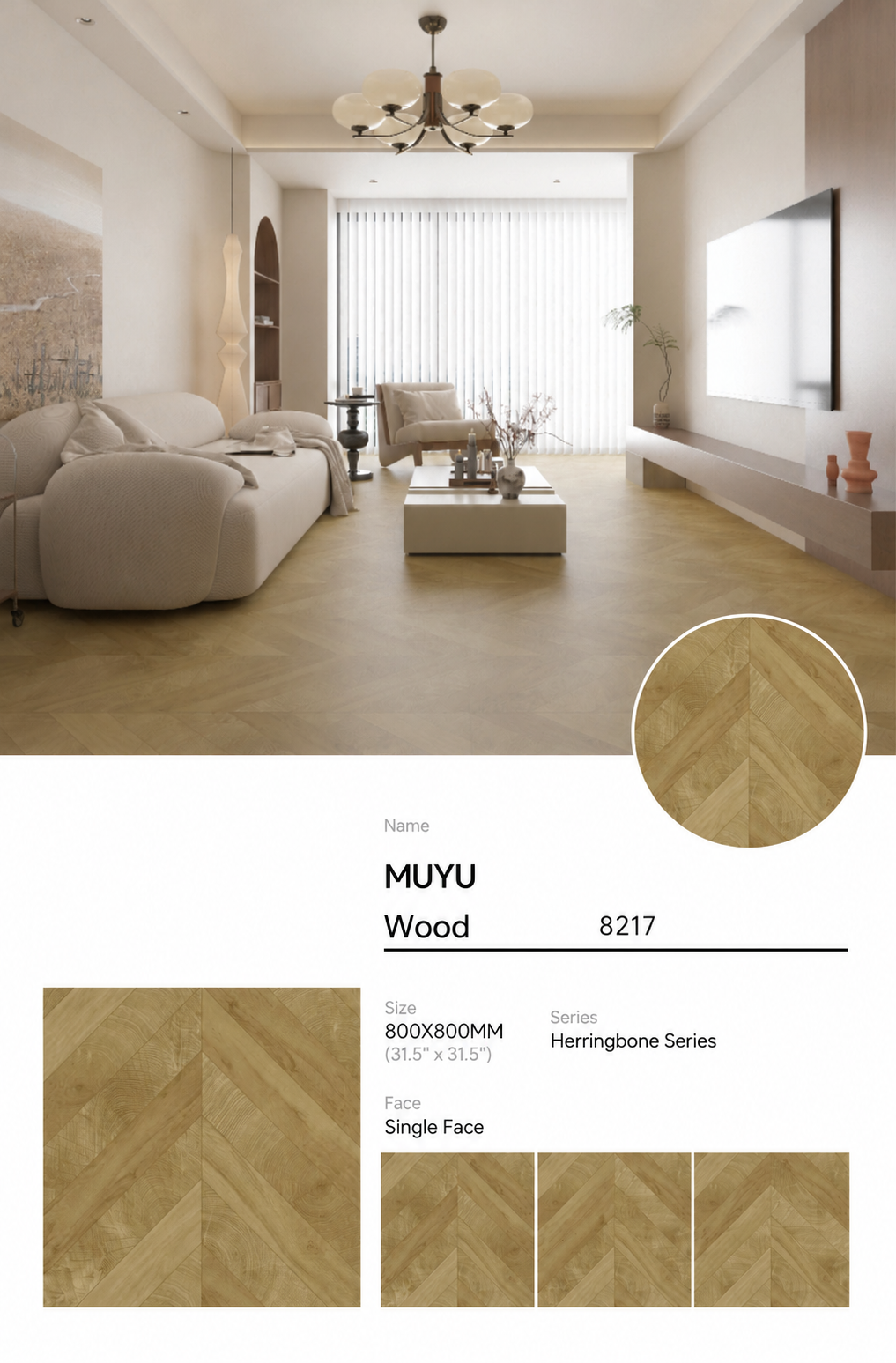 Wood Look Porcelain Floor Tile Chevron Plank 800x800mm - Living Room Hallway Open Plan - Item No. 8217