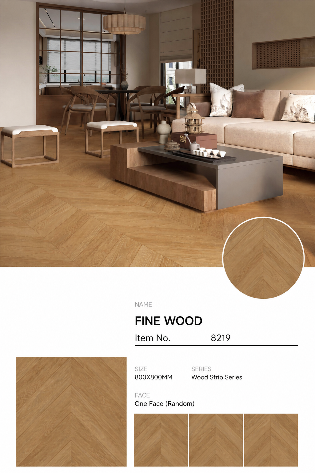 Wood Look Porcelain Floor Tile Chevron Plank 800x800mm - Living Room Hallway Open Plan - Item No. 8219
