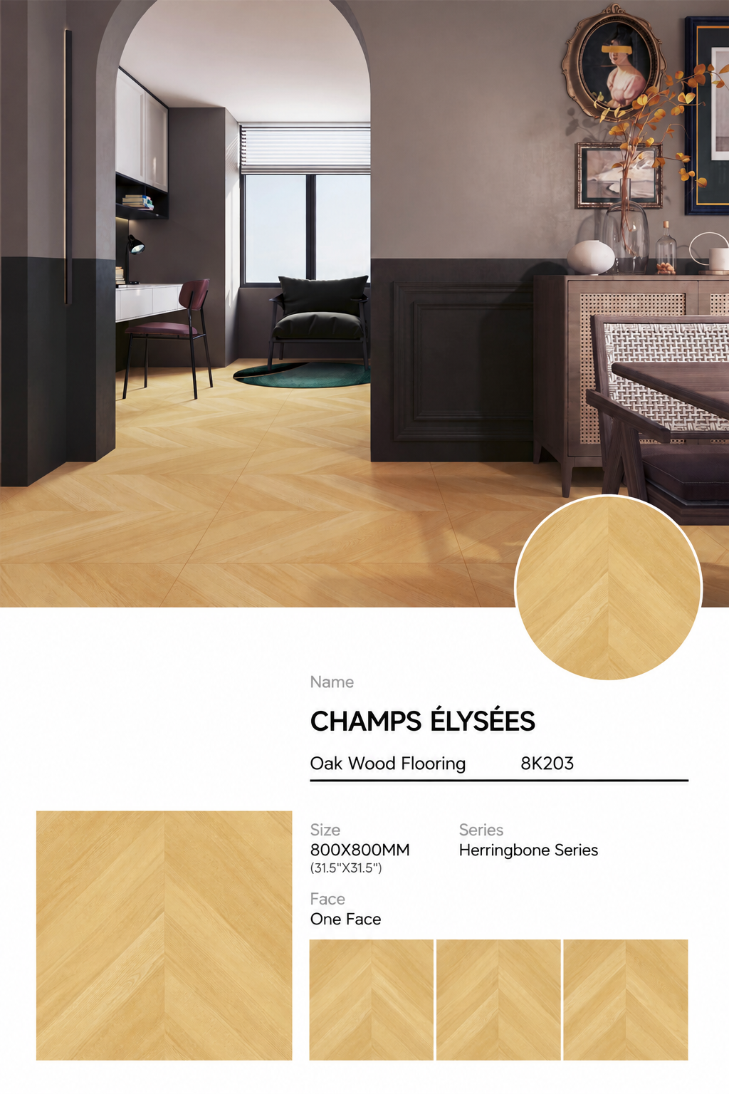 Wood Look Porcelain Floor Tile Chevron Plank 800x800mm - Living Room Hallway Open Plan - Item No. 8K203