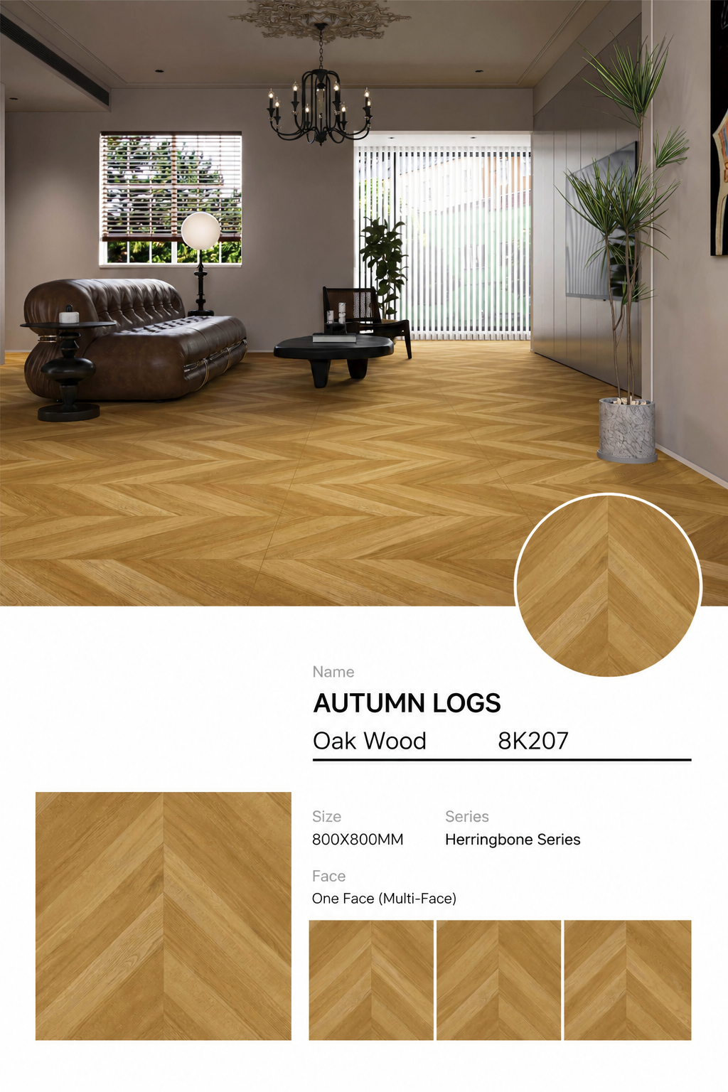 Wood Look Porcelain Floor Tile Chevron Plank 800x800mm - Living Room Hallway Open Plan - Item No. 8K207