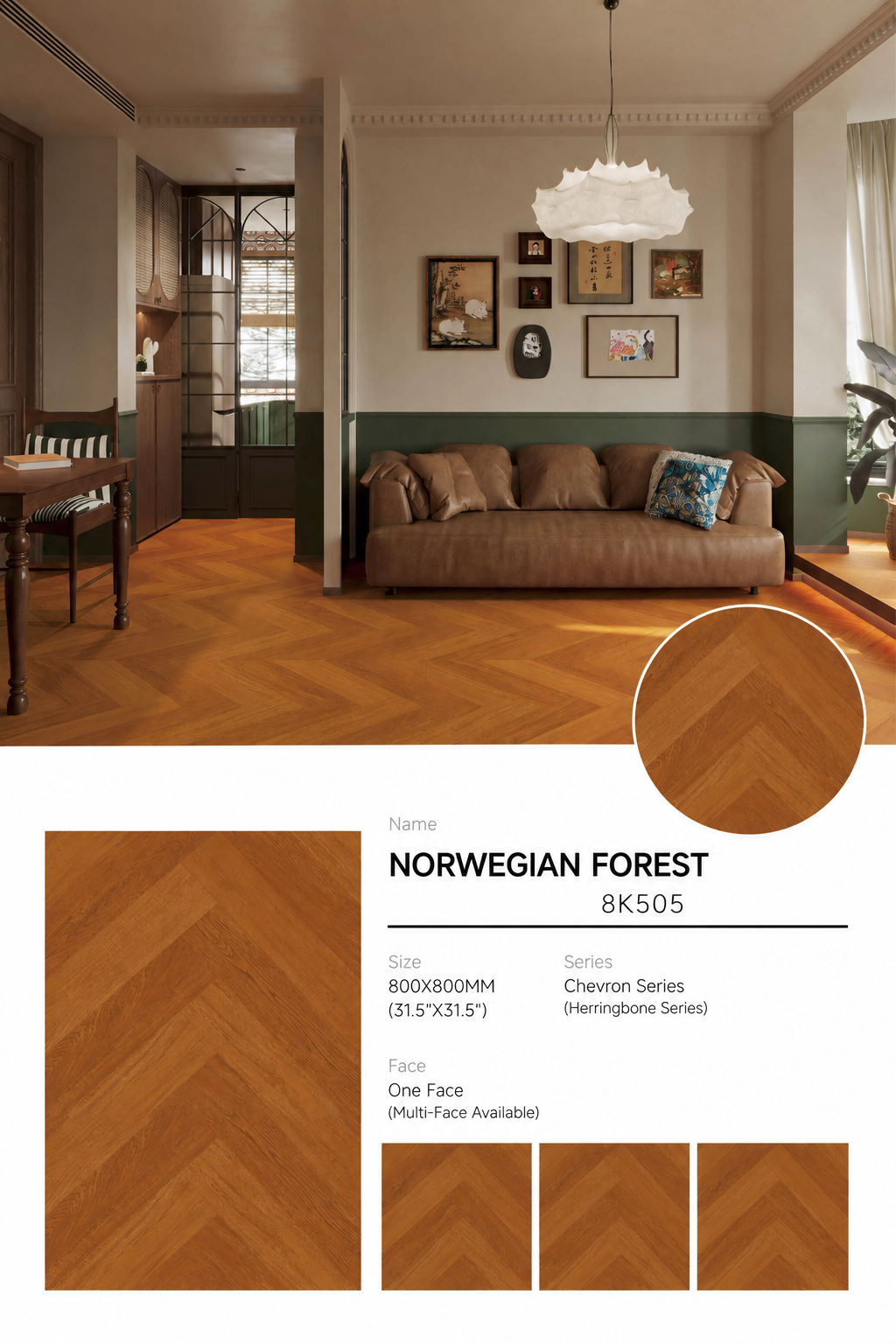 Wood Look Porcelain Floor Tile Herringbone Plank 800x800mm - Living Room Hallway Open Plan - Item No. 8K505