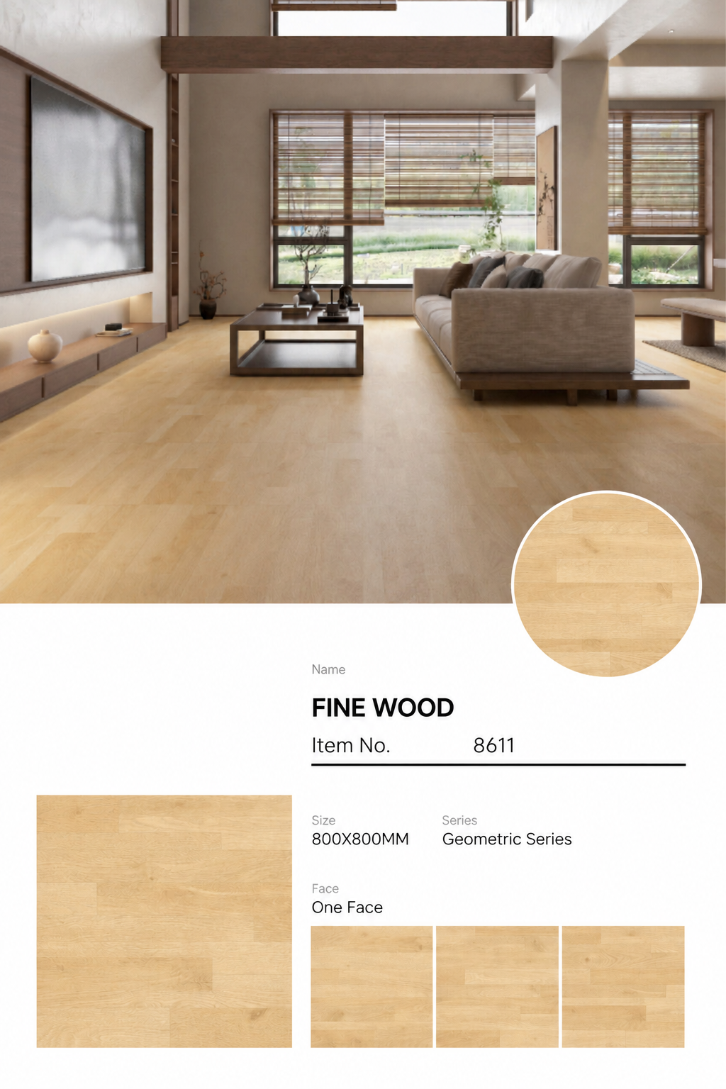 Wood Look Porcelain Floor Tile Geometric Plank 800x800mm - Living Room Hallway Open Plan - Item No. 8611