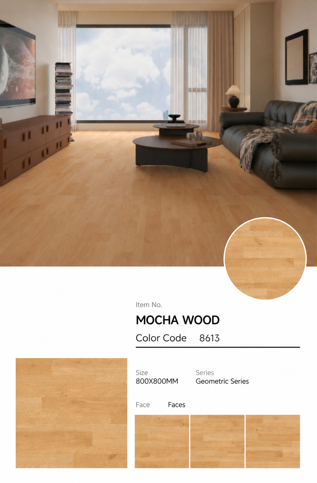 Wood Look Porcelain Floor Tile Geometric Plank 800x800mm - Living Room Hallway Open Plan - Item No. 8613