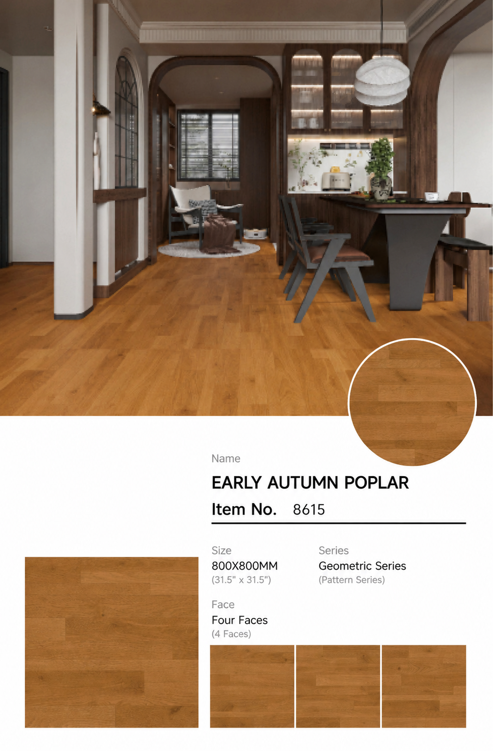 Wood Look Porcelain Floor Tile Geometric Plank 800x800mm - Living Room Hallway Open Plan - Item No. 8615
