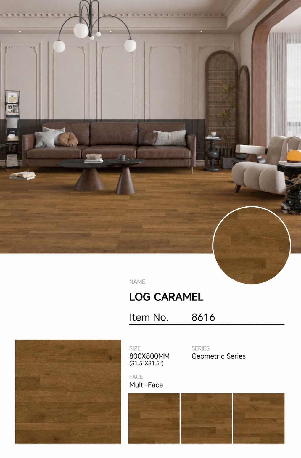 Wood Look Porcelain Floor Tile Geometric Plank 800x800mm - Living Room Hallway Open Plan - Item No. 8616