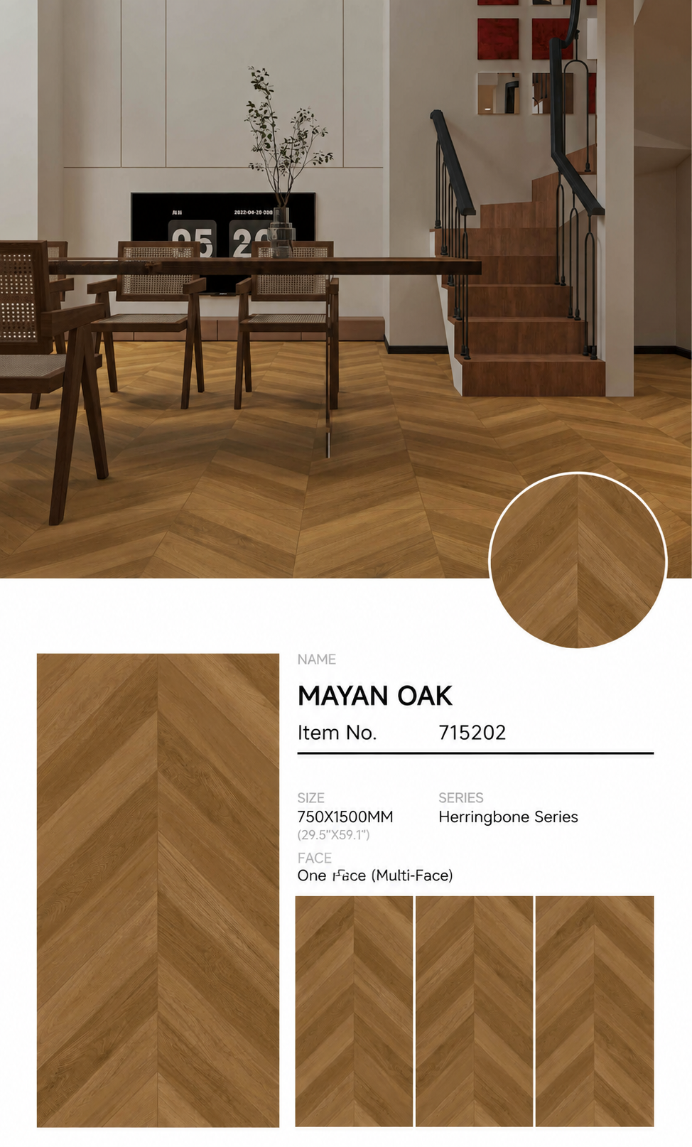 Wood Look Porcelain Floor Tile Chevron Plank 750x1500mm - Living Room Hallway Open Plan - Item No. 715202