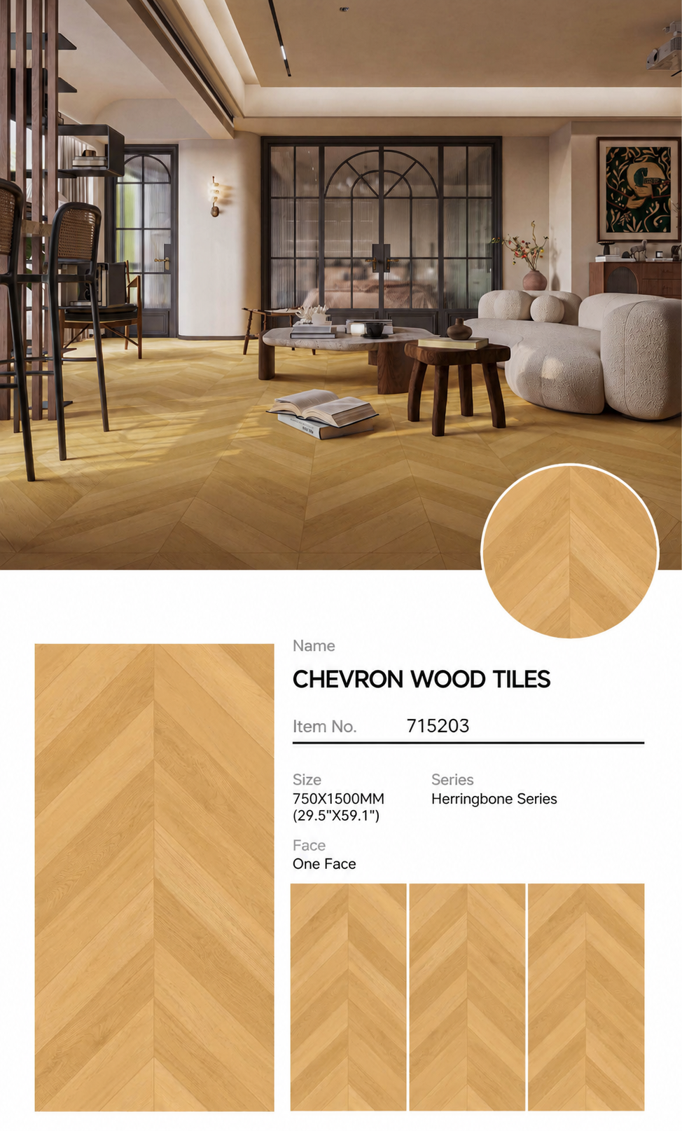 Wood Look Porcelain Floor Tile Chevron Plank 750x1500mm - Living Room Hallway Open Plan - Item No. 715203