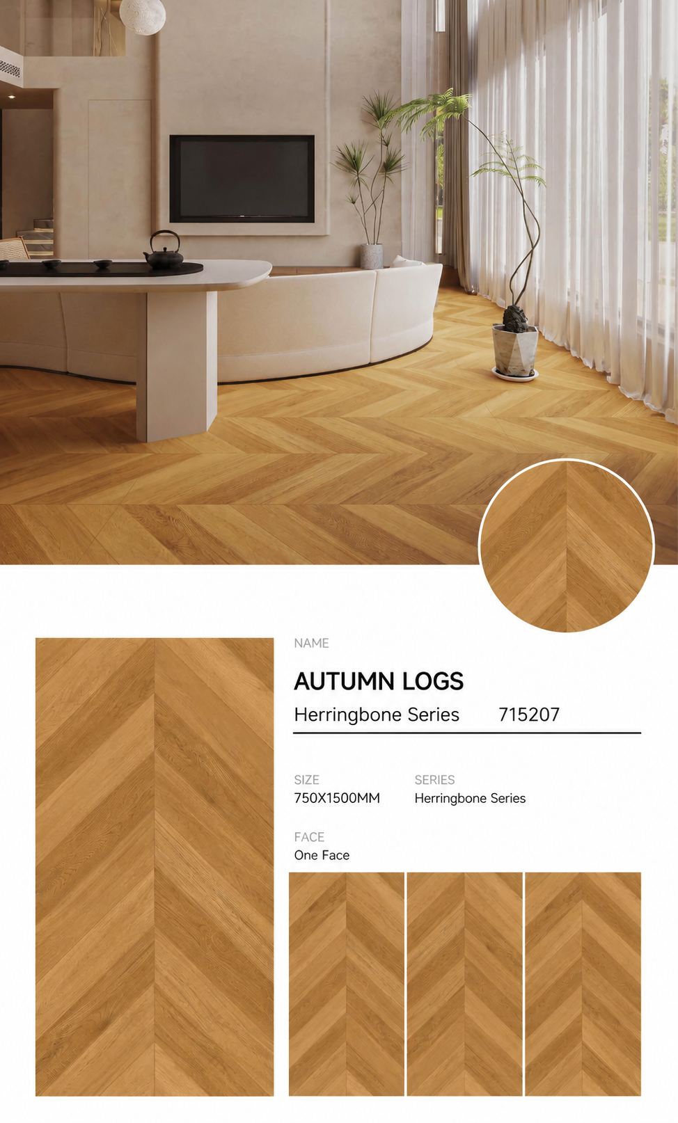 Wood Look Porcelain Floor Tile Chevron Plank 750x1500mm - Living Room Hallway Open Plan - Item No. 715207