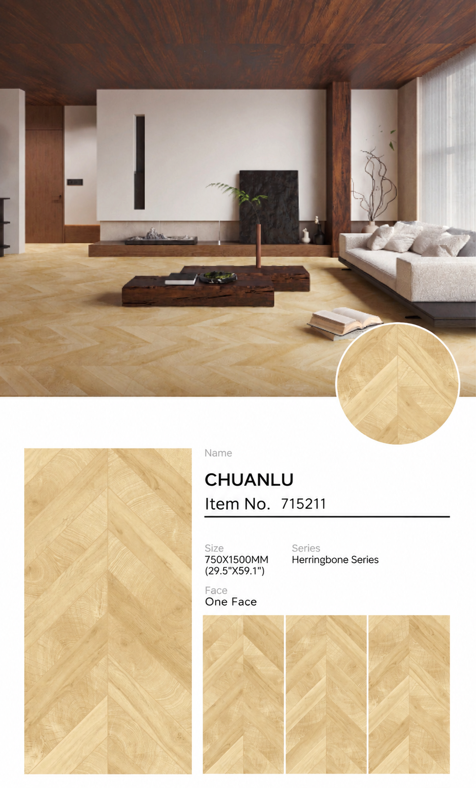 Wood Look Porcelain Floor Tile Chevron Plank 750x1500mm - Living Room Hallway Open Plan - Item No. 715211
