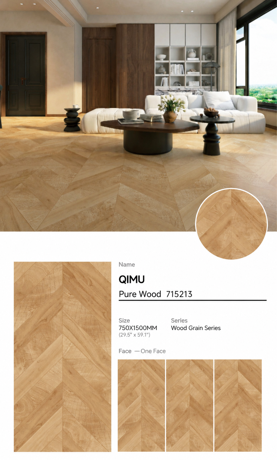 Wood Look Porcelain Floor Tile Chevron Plank 750x1500mm - Living Room Hallway Open Plan - Item No. 715213