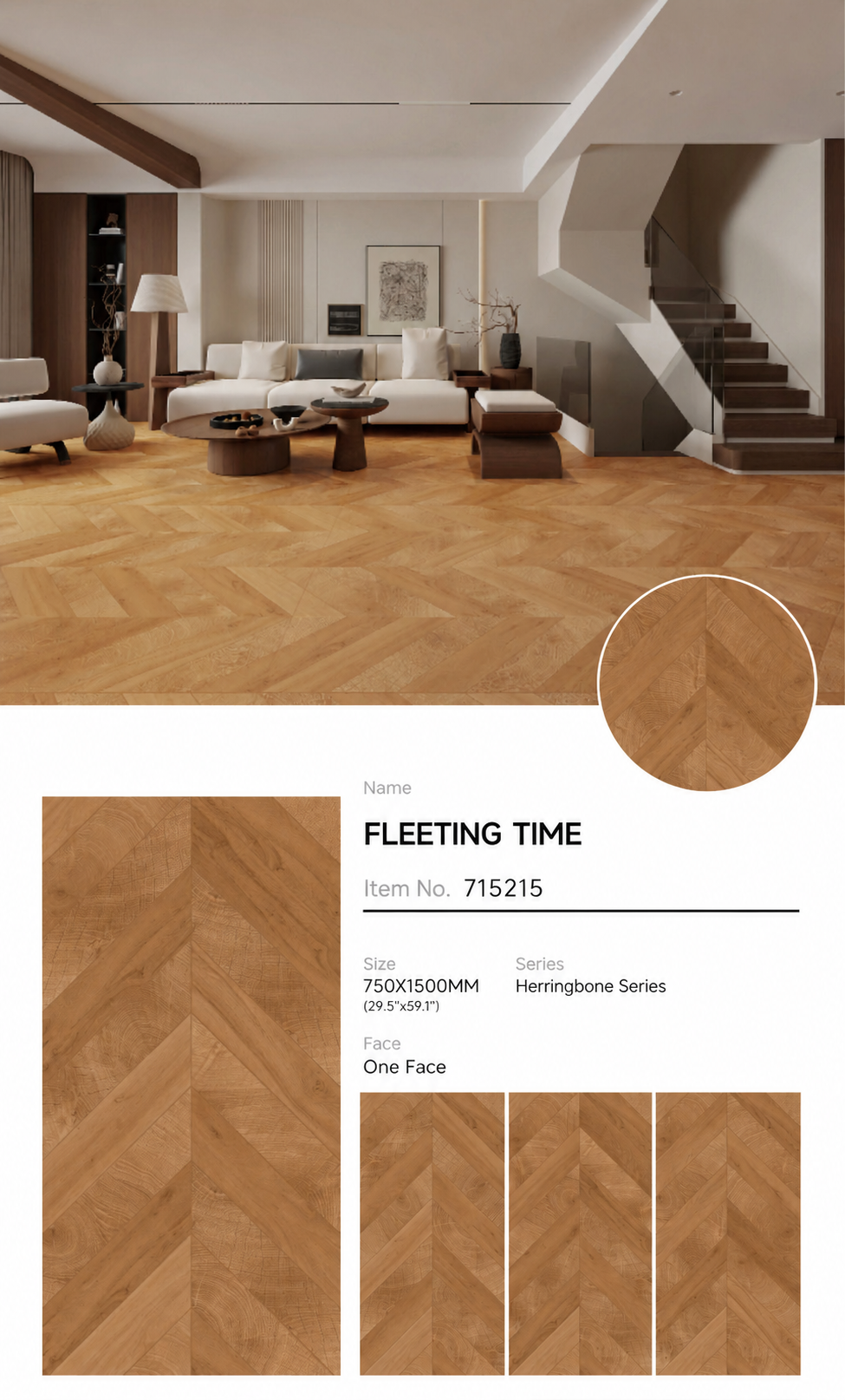 Wood Look Porcelain Floor Tile Chevron Plank 750x1500mm - Living Room Hallway Open Plan - Item No. 715215