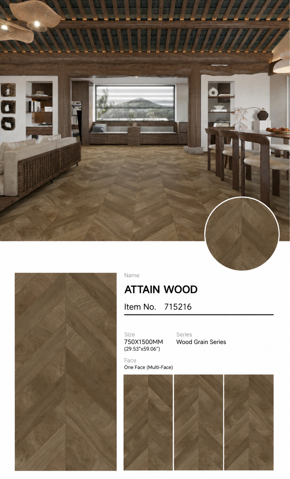 Wood Look Porcelain Floor Tile Chevron Plank 750x1500mm - Living Room Hallway Open Plan - Item No. 715216