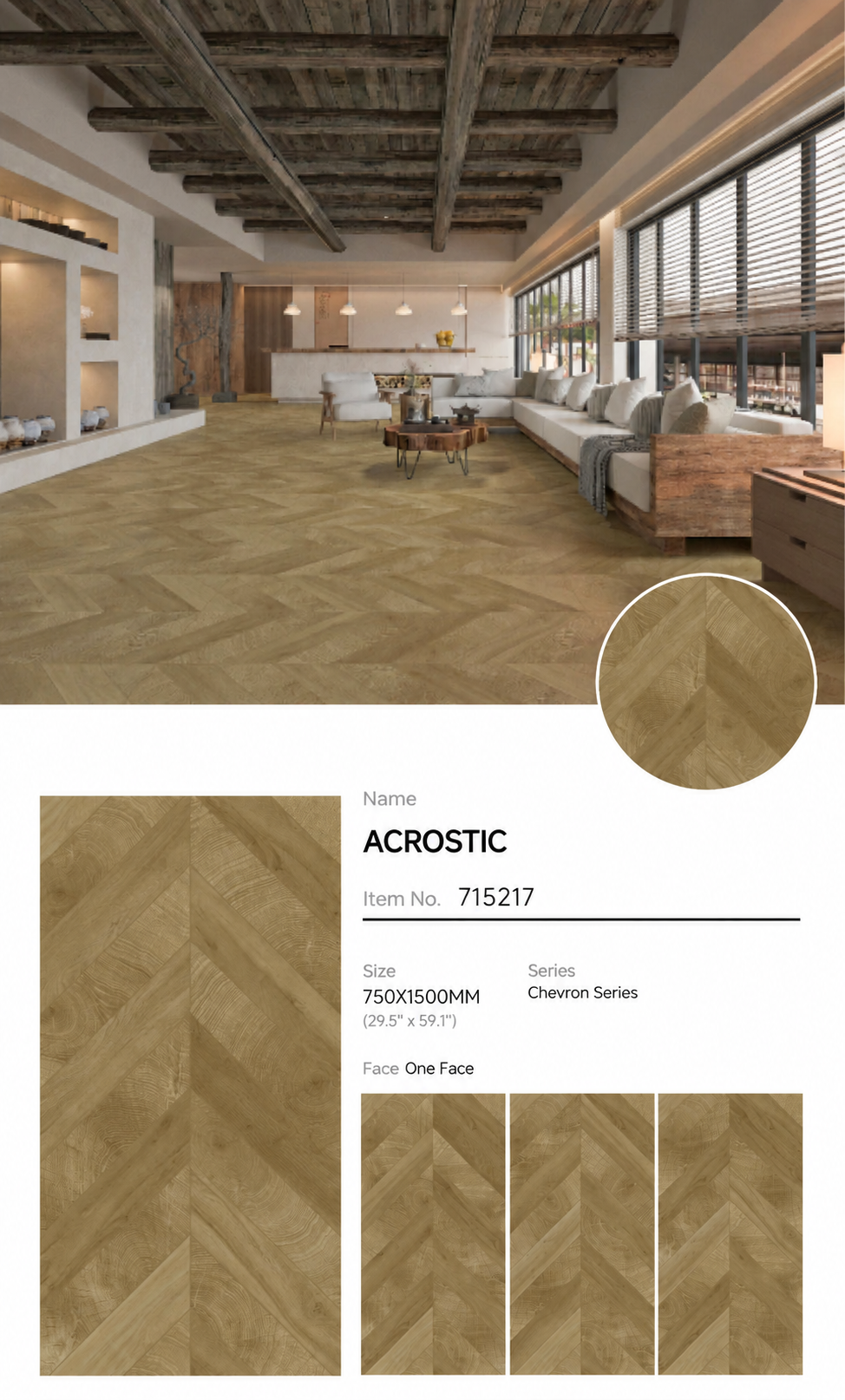 Wood Look Porcelain Floor Tile Chevron Plank 750x1500mm - Living Room Hallway Open Plan - Item No. 715217