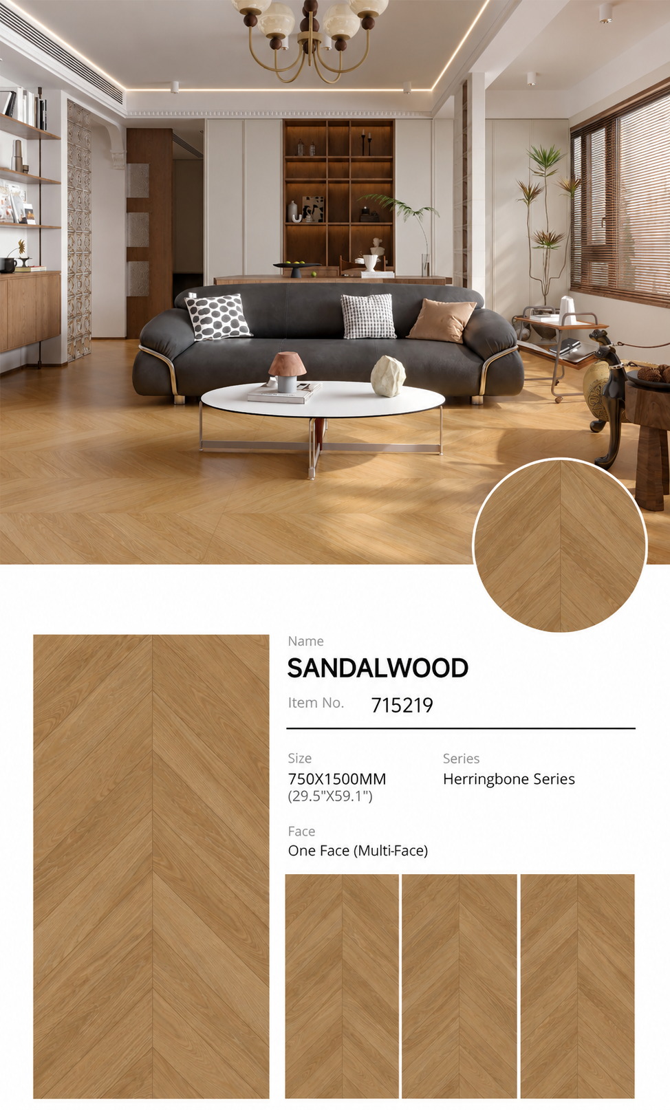Wood Look Porcelain Floor Tile Chevron Plank 750x1500mm - Living Room Hallway Open Plan - Item No. 715219