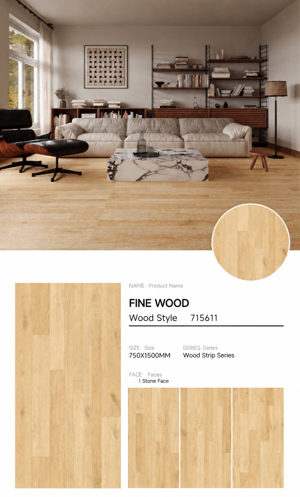 Wood Look Porcelain Floor Tile Geometric Plank 750x1500mm - Living Room Hallway Open Plan - Item No. 715611