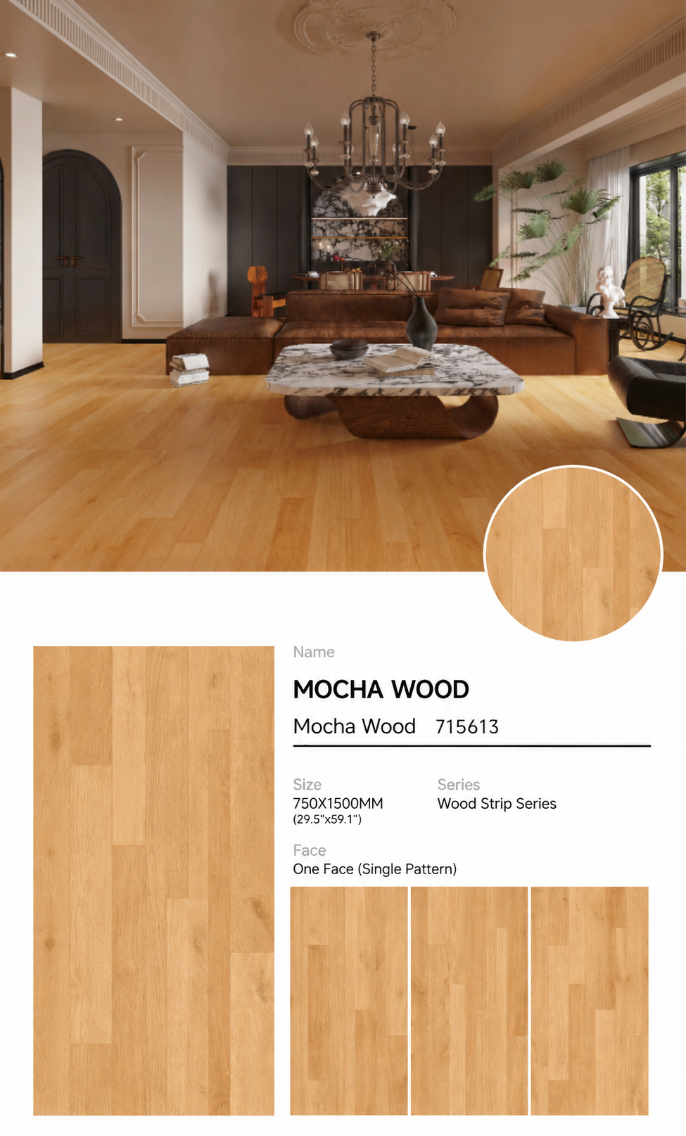 Wood Look Porcelain Floor Tile Geometric Plank 750x1500mm - Living Room Hallway Open Plan - Item No. 715613