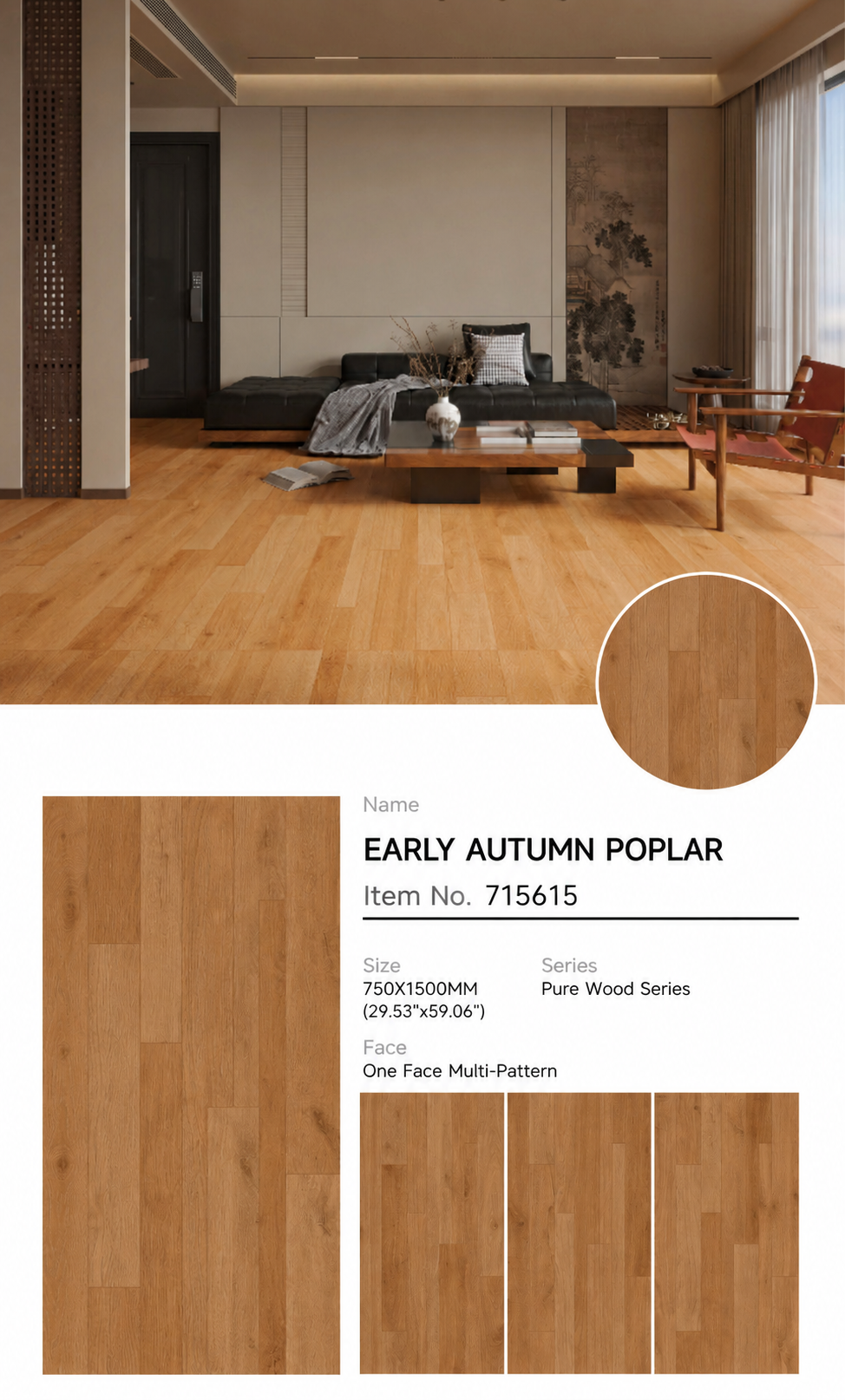 Wood Look Porcelain Floor Tile Geometric Plank 750x1500mm - Living Room Hallway Open Plan - Item No. 715615